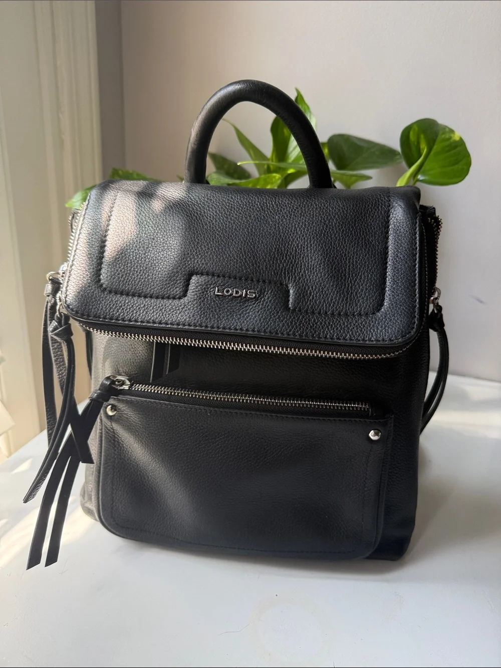 Lodis Black Leather Convertible Top-Handle Backpack